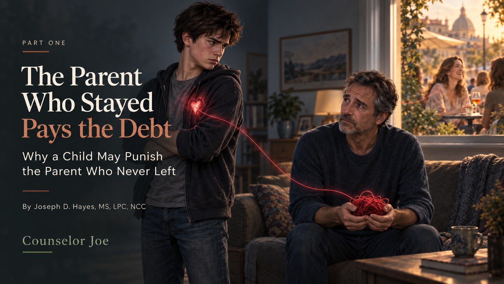 A tense parent and child relationship illustrated by a glowing red thread symbolizing attachment, abandonment, and emotional debt