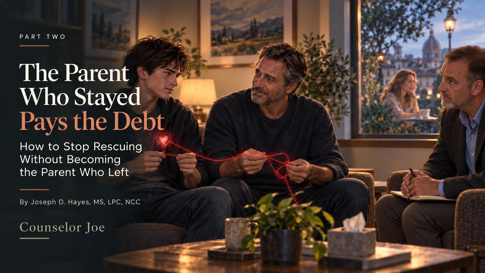 A parent and adult child in a tense emotional moment, connected by a red thread symbolizing attachment and responsibility